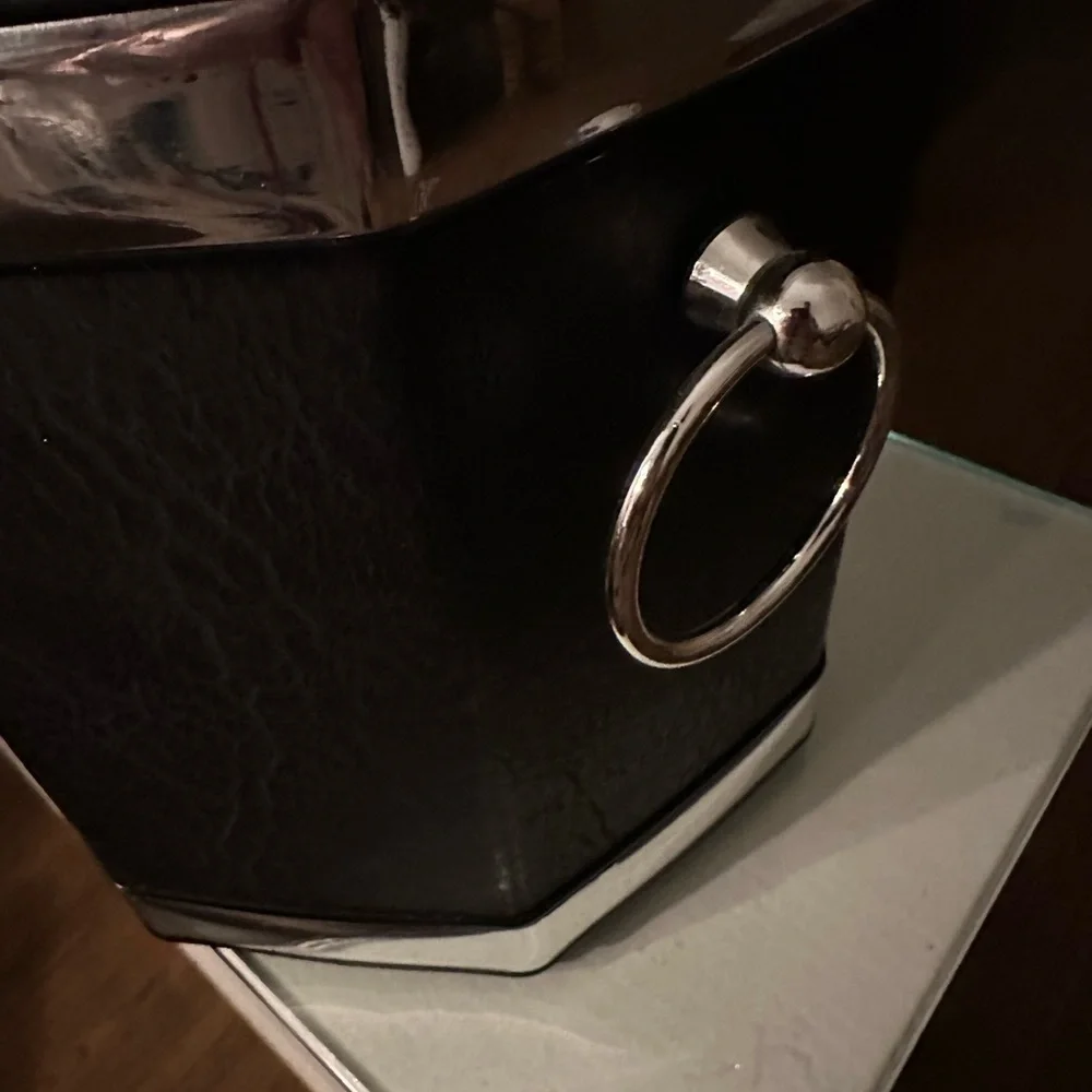 Vintage Faux Black Leather Ice Bucket with Chrome Trim